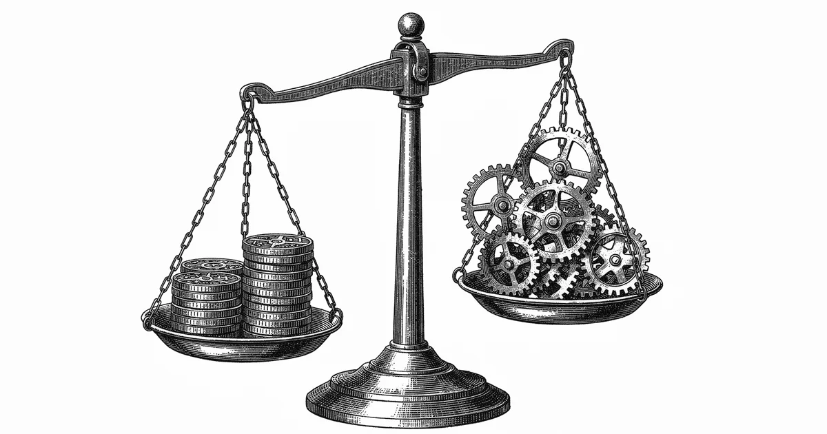 Victorian wood-engraving of a balance scale weighing coins against gears, monochrome