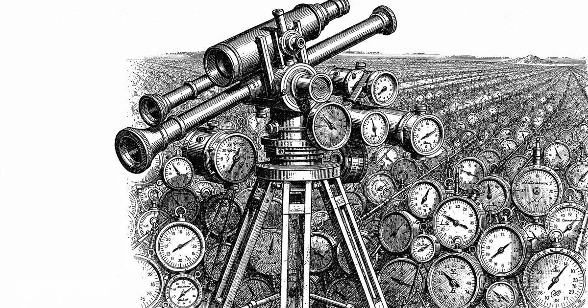 Victorian wood-engraving of a surveyor instrument array charting a landscape of gauges, monochrome