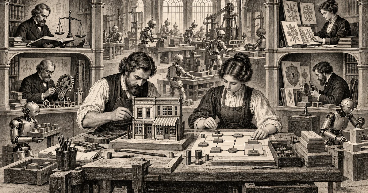 Wood engraving of two builders redesigning a storefront and workflow at a central bench while specialists prepare reference books and mechanical helpers carry out repetitive work