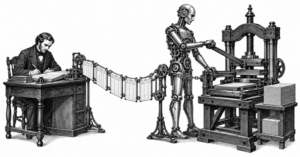 An independent clerk records an automaton's actions in chained ledger pages before it operates a press