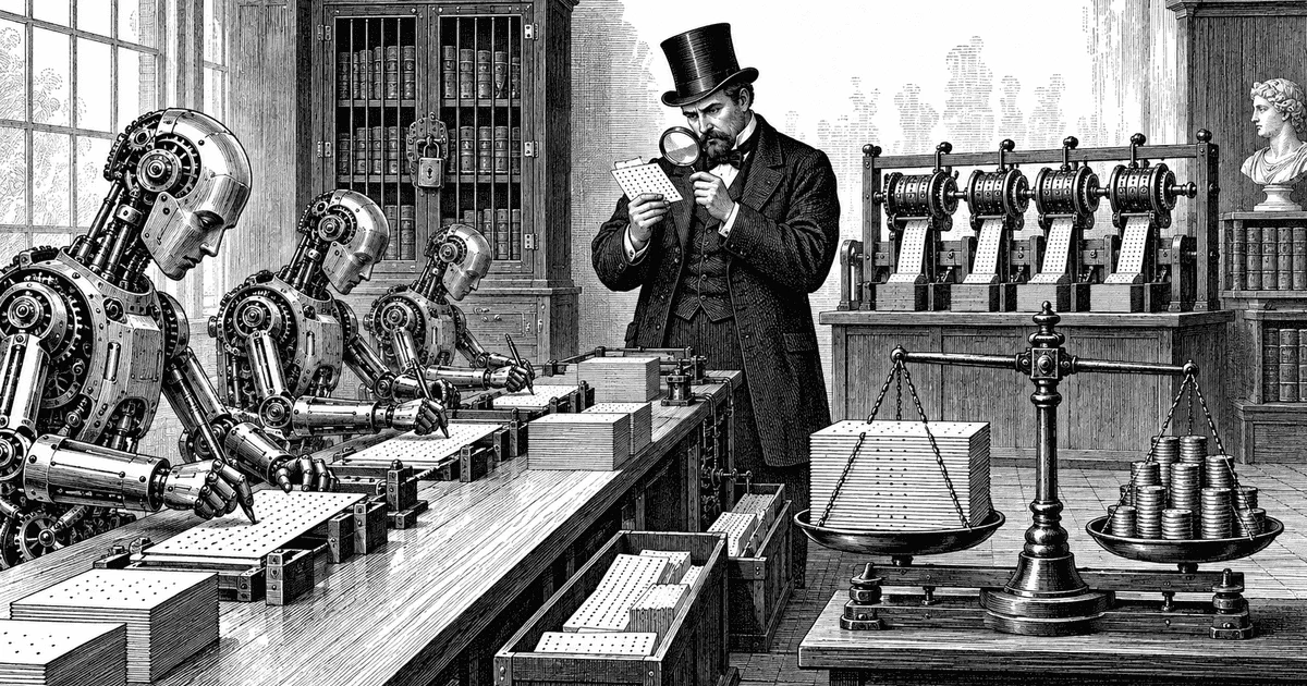 Wood engraving of mechanical scribes tested at a bench beside locked ledgers and a balance scale.