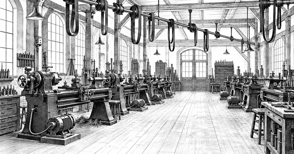 Wood engraving of a machine shop where each lathe has its own small electric motor while slack belts hang from an idle overhead line shaft