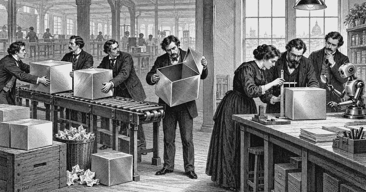 Wood engraving of clerks passing empty parcels along a line while a small team checks a parcel at a bench with a measuring gauge and mechanical assistant
