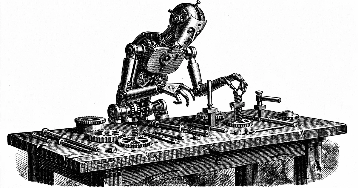 A clockwork automaton assembling gears on a workbench