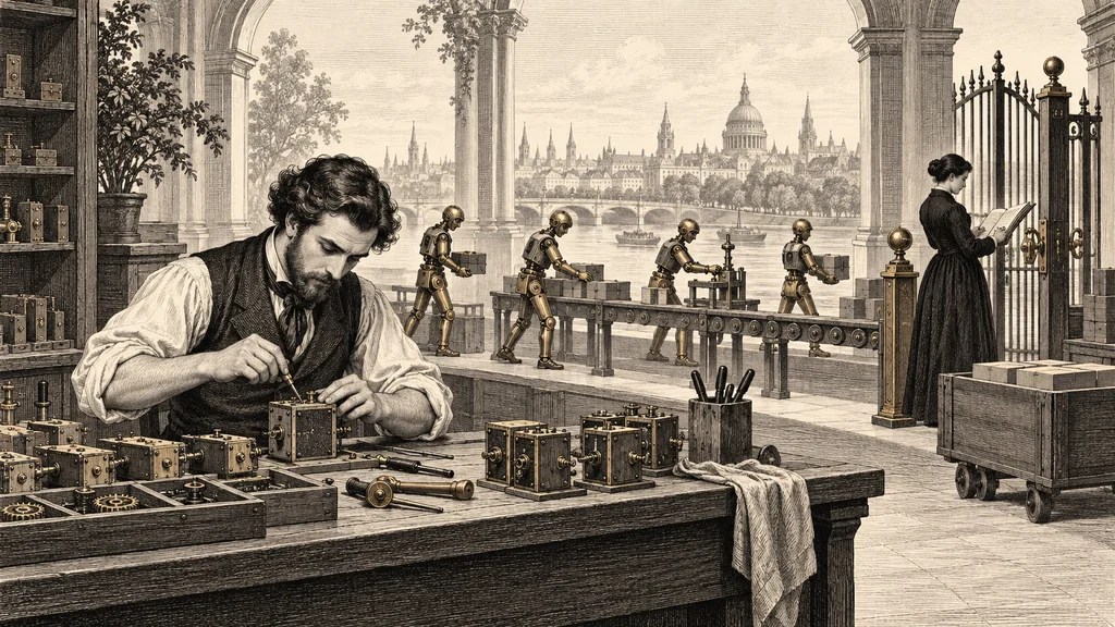 A builder assembles tools at a workbench while small mechanical helpers carry out repeatable work and a specialist checks a ledger