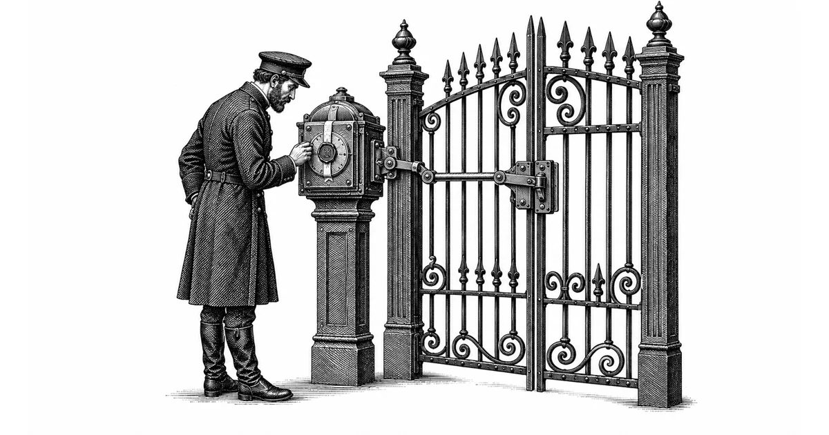 A gatekeeper inspects a mechanical lock physically connected to an iron gate
