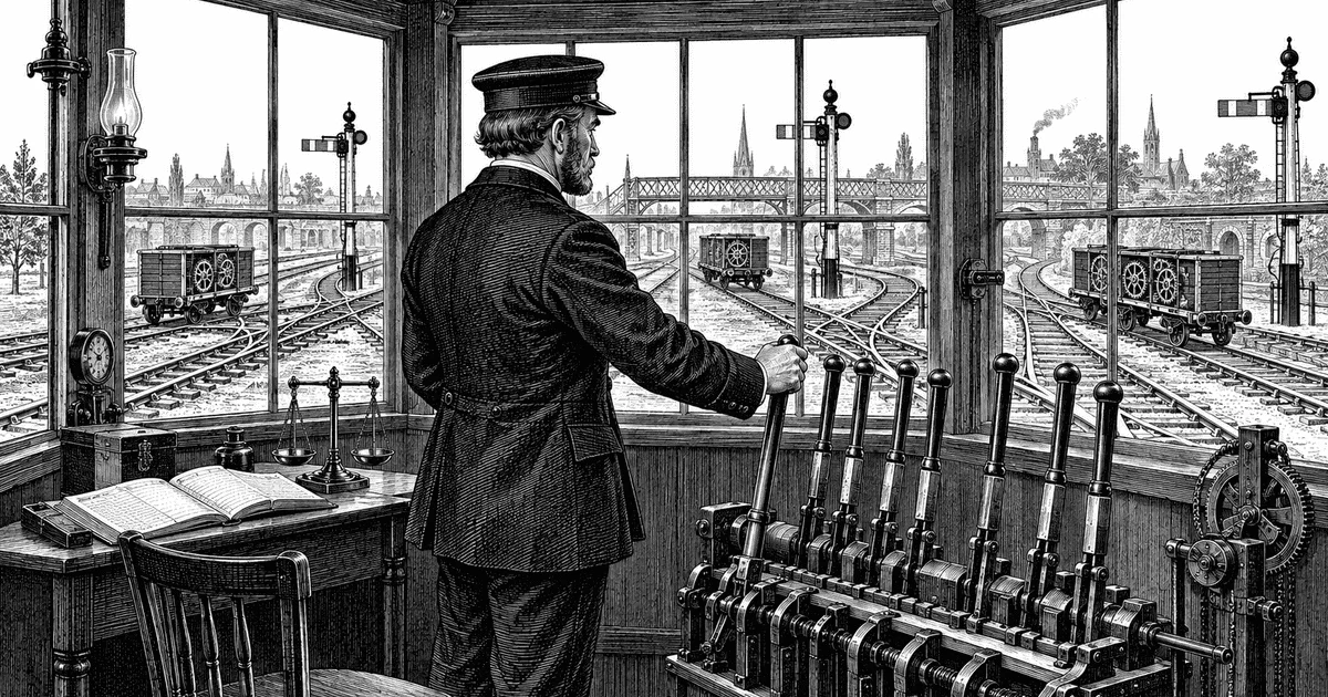 A railway signalman routes clockwork wagons from a mechanical junction tower
