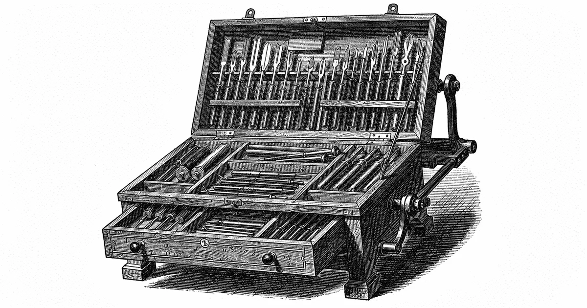 Victorian wood-engraving of an engraver toolchest with burins, rules, and a printing press, monochrome