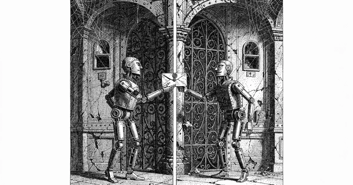 Victorian wood-engraving of two messenger automata exchanging sealed letters across a divided chamber, monochrome