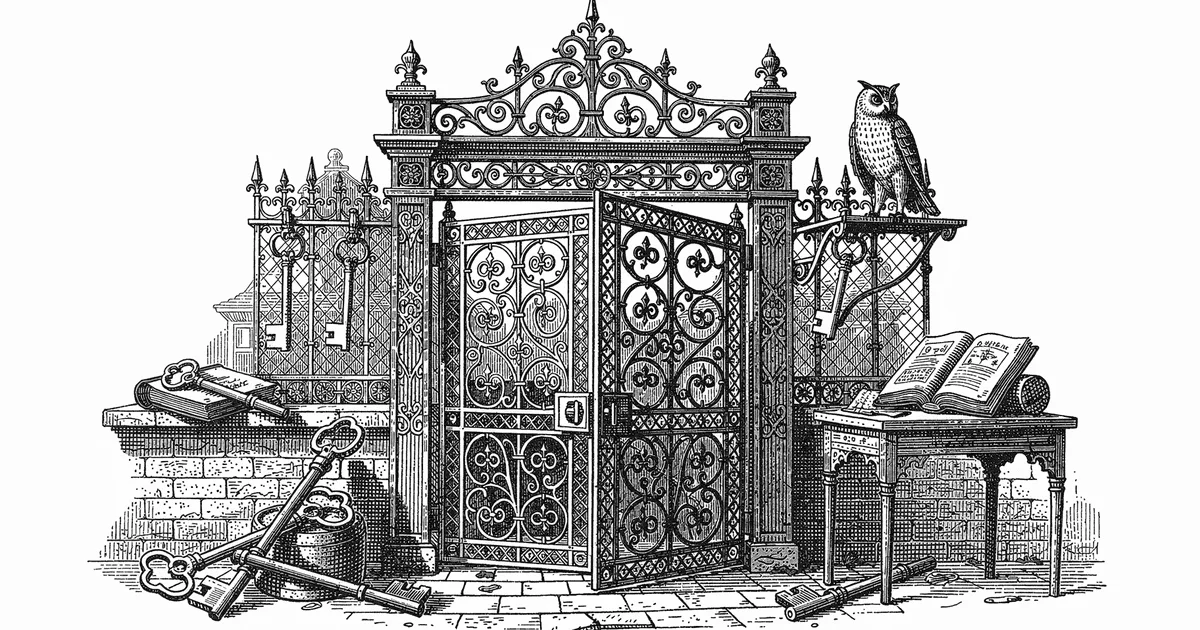 Victorian wood-engraving of a wrought-iron gatehouse with keys, ledgers, and a watchful owl, monochrome