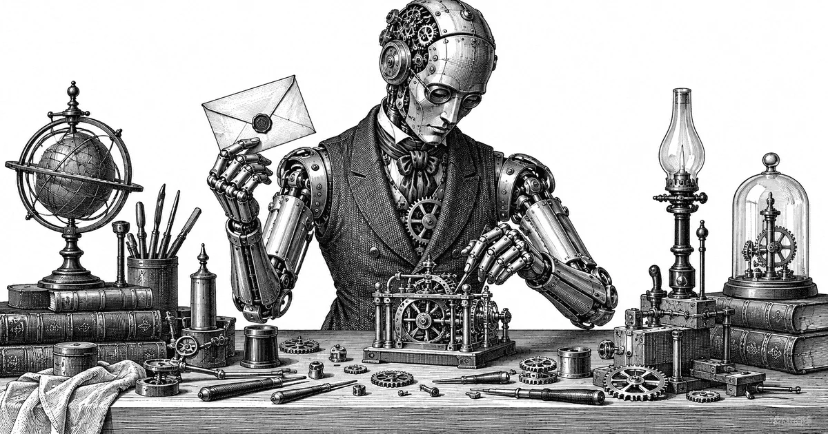 Wood engraving of a brass clockwork automaton at a workbench covered in gears and tools, holding a sealed letter in one hand while assembling a small machine with the other