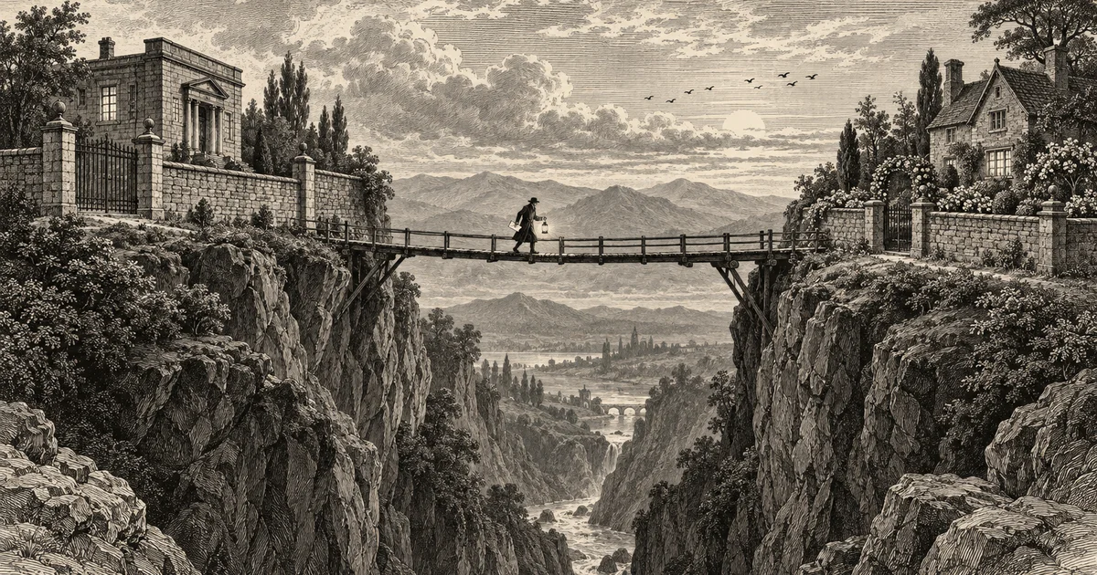 Wood engraving of two walled estates on opposite cliffs, joined by one narrow footbridge over a ravine, a figure with a lantern crossing