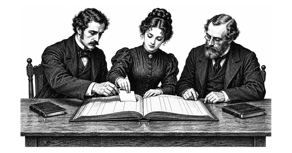 Three clerks add a card to a shared ledger while keeping separate notebooks beside them