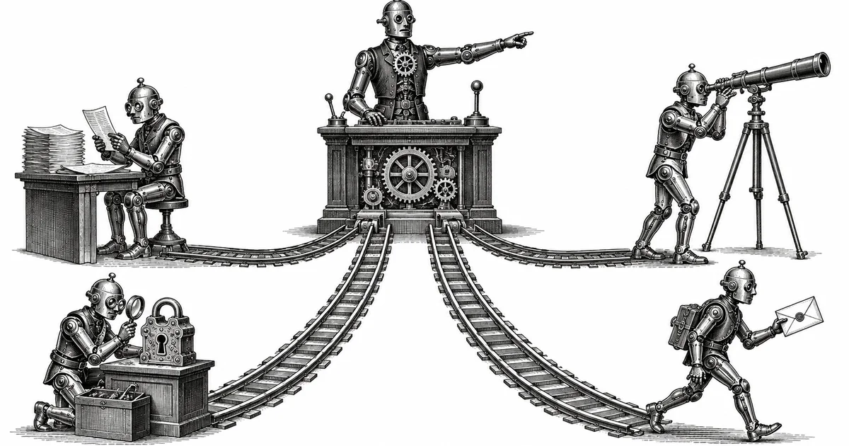A clockwork foreman routes four mechanical specialists along separate tracks